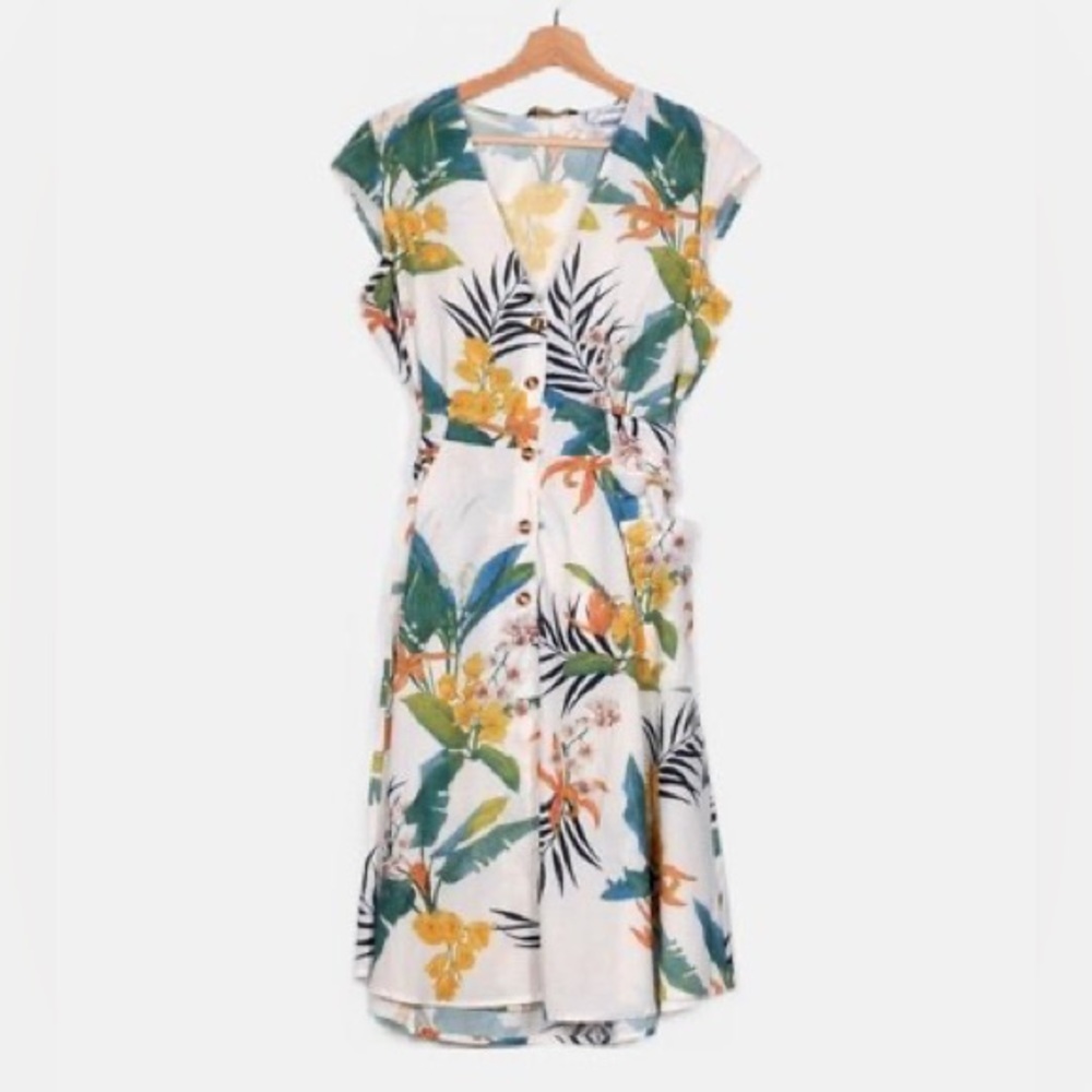Dex Linen Blend Midi Dress Floral Tropical in Size Medium